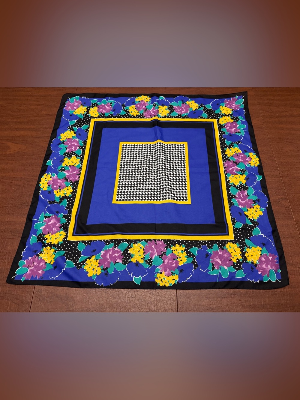 1980s/1990s Vintage Women’s Scarf—Houndstooth and Floral Pattern